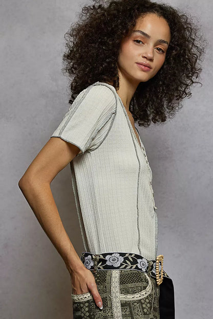 Sarah Express Women's V-Neck Short Sleeve Top with Stitch Seam Detail