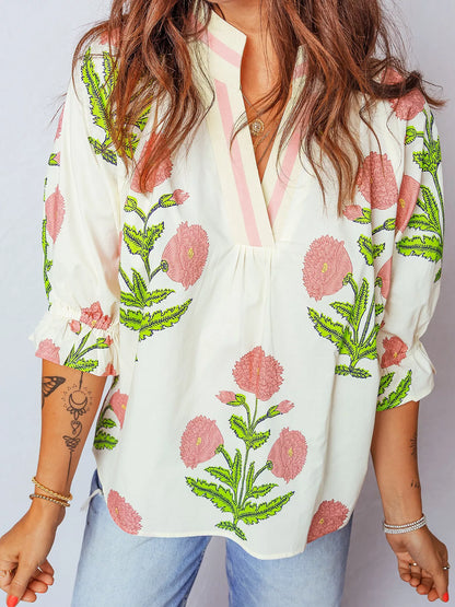 Sarah Express Women's Floral Print 3/4 Sleeve Blouse - Casual Cotton Blend Top Cream