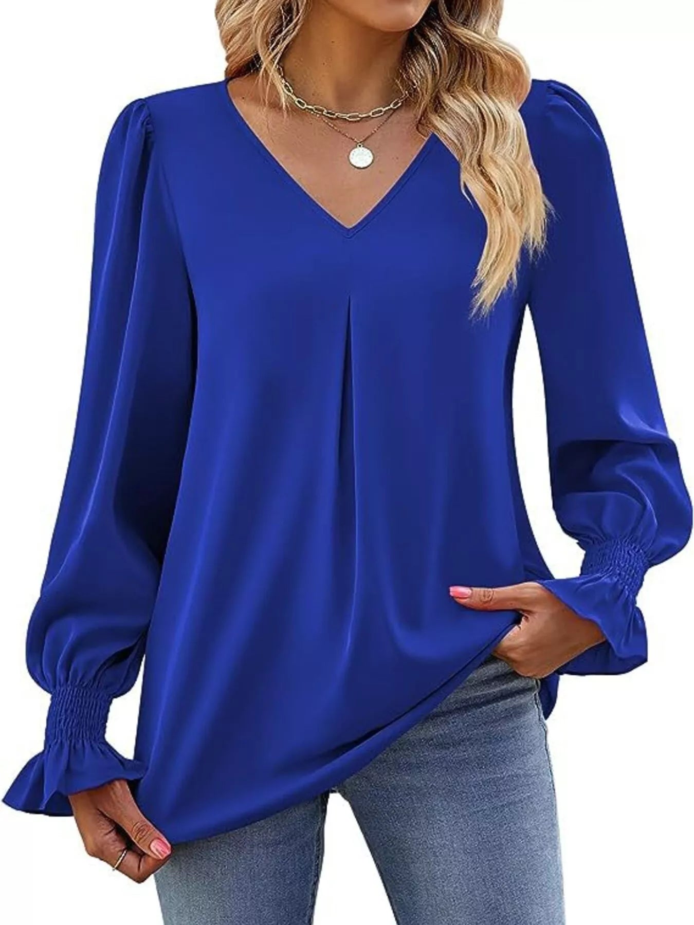 Sarah Express Women's V-Neck Long Sleeve Ruffle Cuff Blouse Blue