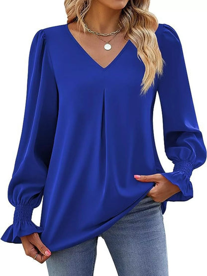 Sarah Express Women's V-Neck Long Sleeve Ruffle Cuff Blouse Blue