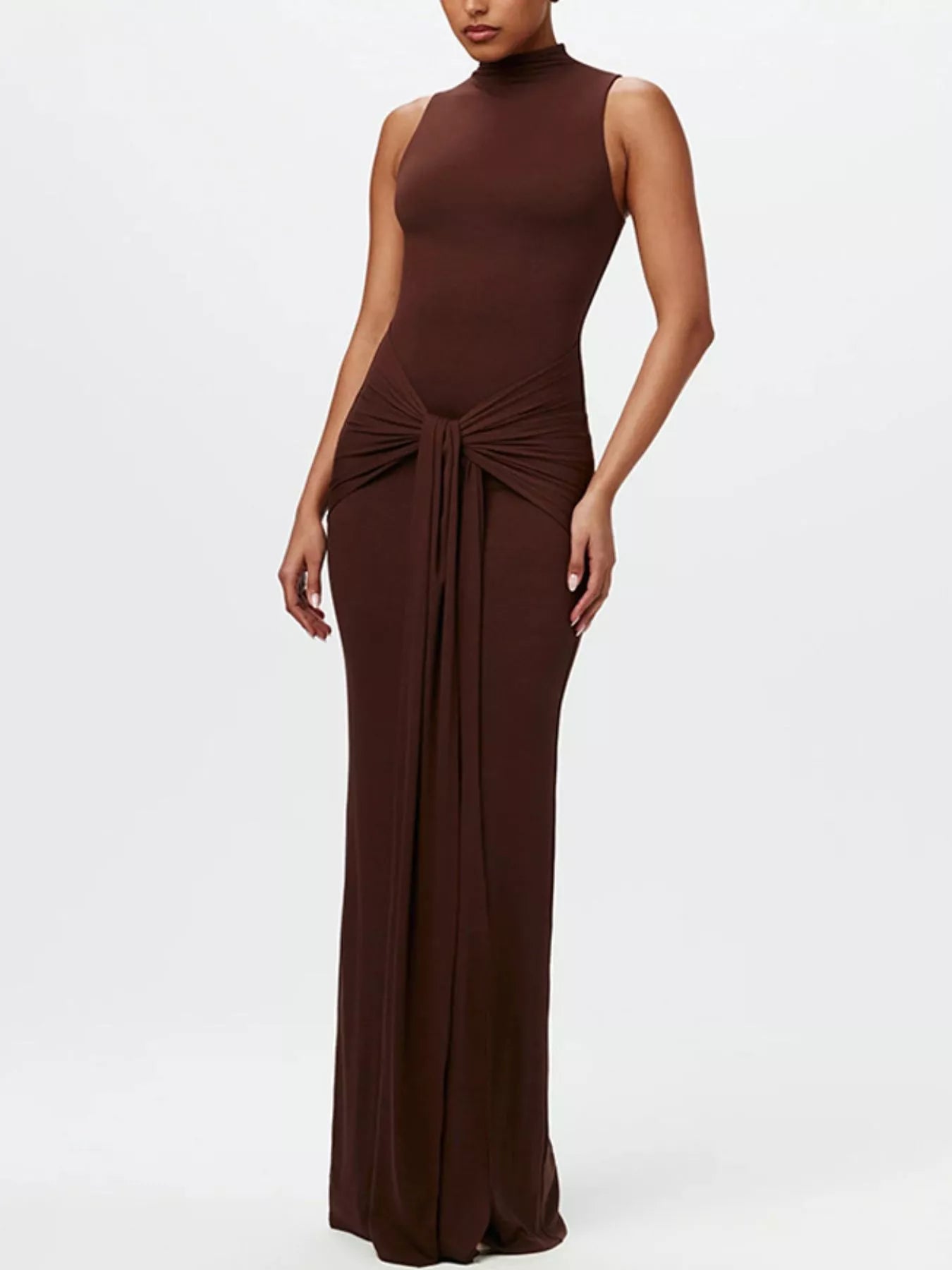 Sarah Express Women's Sleeveless Mock Neck Knot Front Maxi Dress Dark Brown