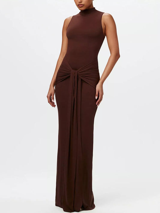 Sarah Express Women's Sleeveless Mock Neck Knot Front Maxi Dress Dark Brown