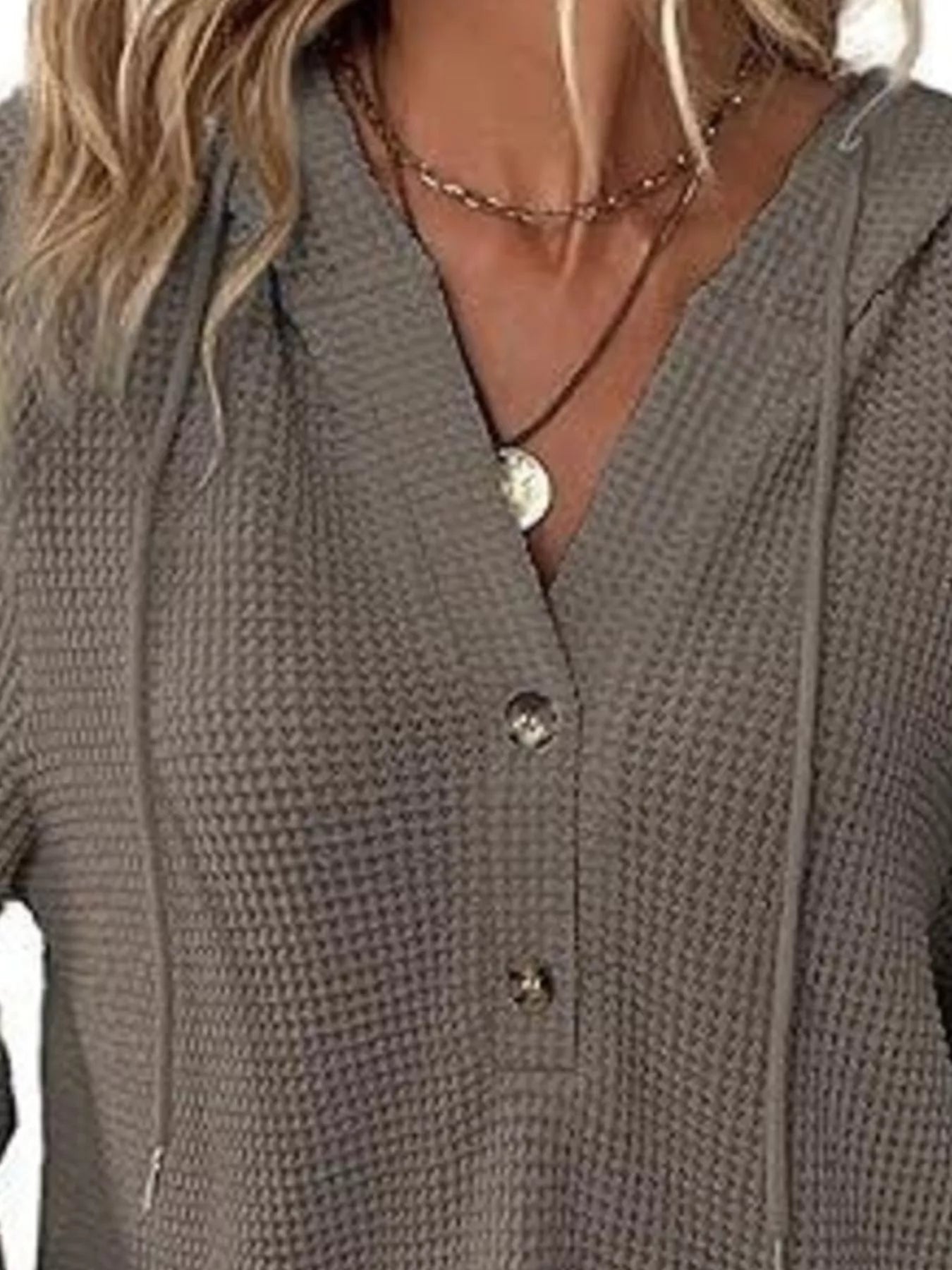 Sarah Express Women's Button Detail Waffle Knit Hoodie - Plus Size Drawstring Pullover with Pockets