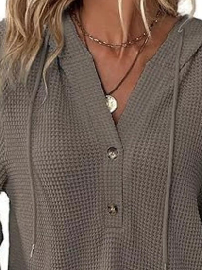 Sarah Express Women's Button Detail Waffle Knit Hoodie - Plus Size Drawstring Pullover with Pockets