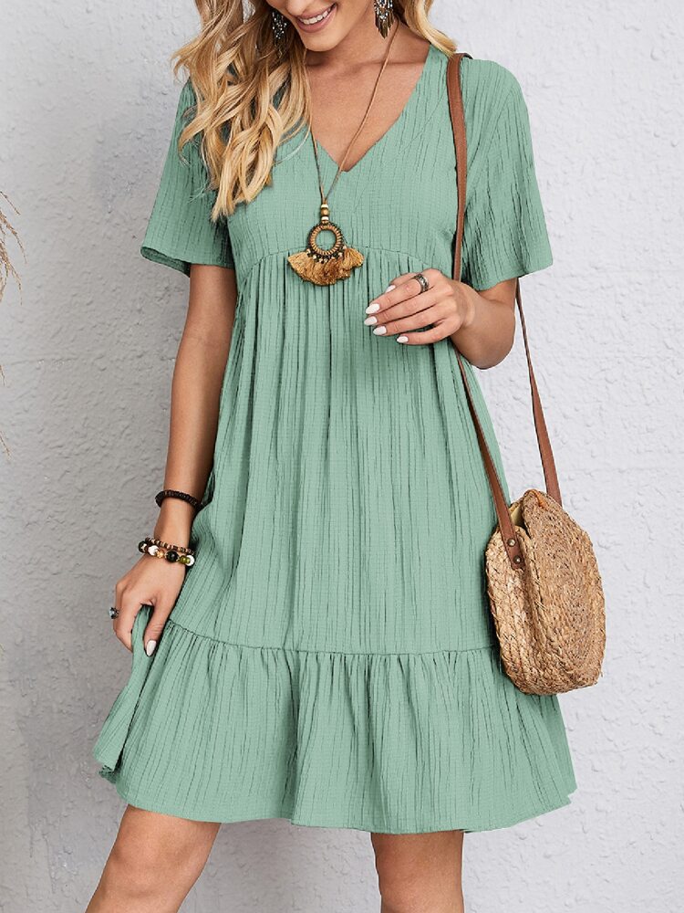 Sarah Express Women's V-Neck Ruffled Summer Dress - Casual Loose Beach Dress with Short Sleeves Light Green