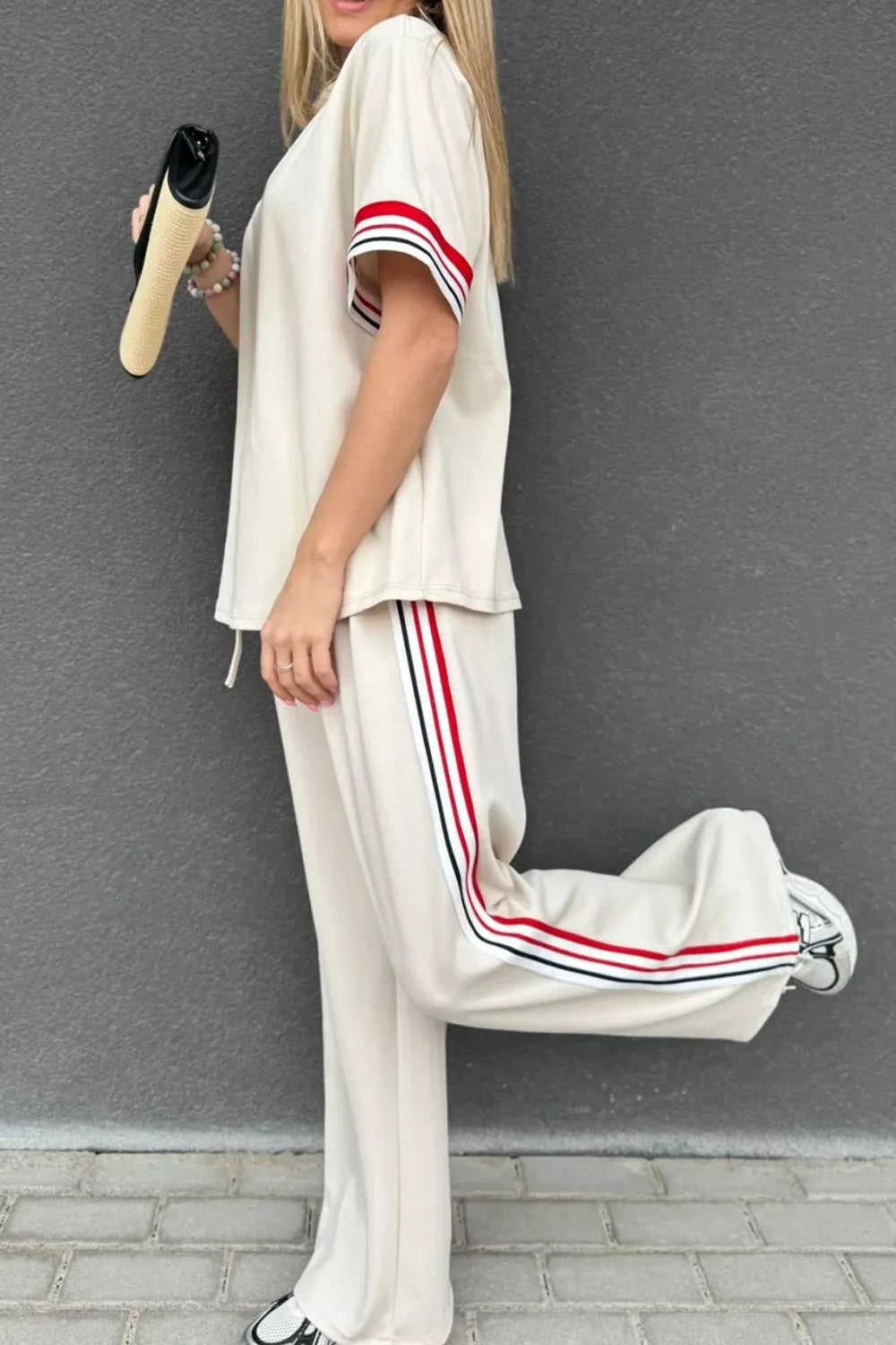 Sarah Express Women's Casual Striped Trim Top and Pants Set