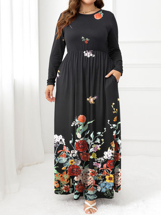 Sarah Express Women's Plus Size Round Neck Maxi Dress with Pockets Floral