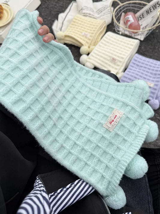 Sarah Express Women's Waffle Knit Pom-Pom Scarf Mint Blue ONESIZE