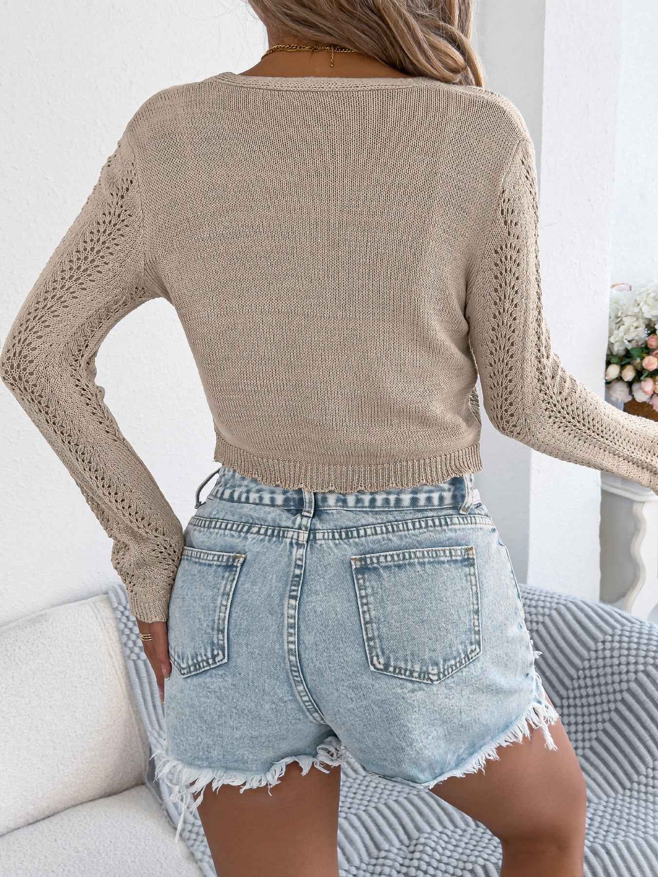 Sarah Express Women's Hollow Out Tie Front Knit Cardigan Sweater