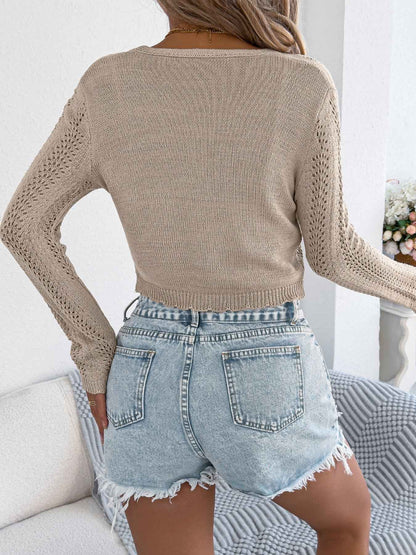 Sarah Express Women's Hollow Out Tie Front Knit Cardigan Sweater