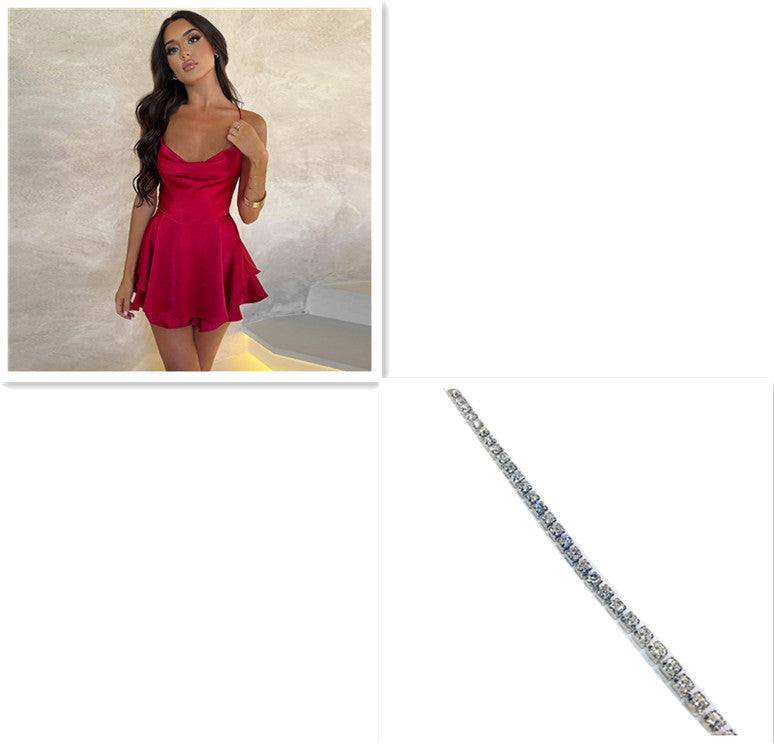 Backless Lace-Up Suspender Strap Satin A-Line Short Dress Women's Party