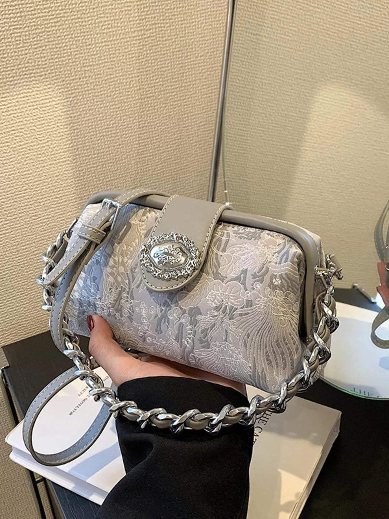 Sarah Express Women's Embroidered Chain Crossbody Bag Mini PU Leather Shoulder Purse