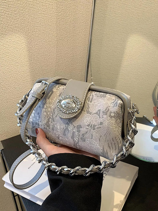 Sarah Express Women's Embroidered Chain Crossbody Bag Mini PU Leather Shoulder Purse