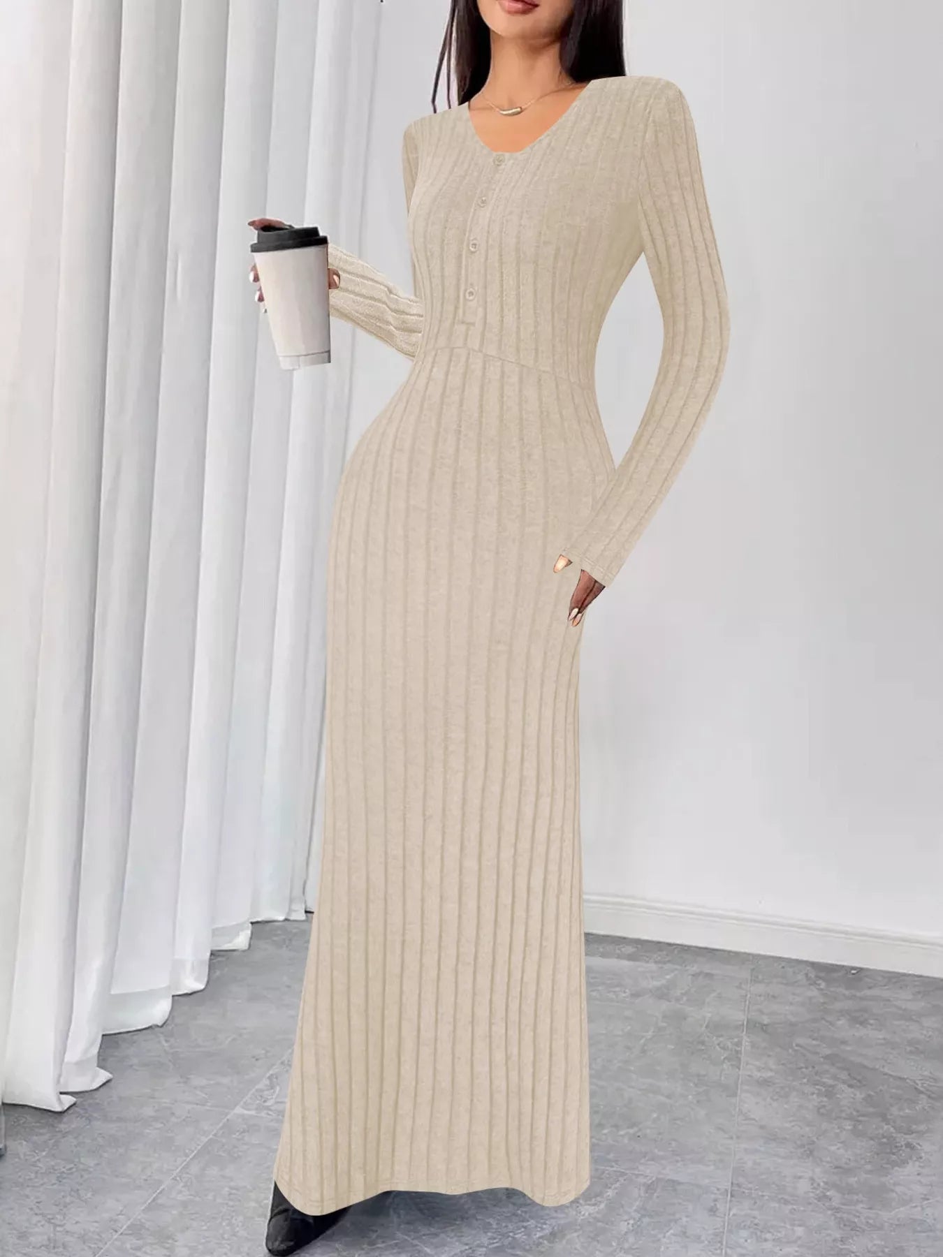 Sarah Express Women's Ribbed Knit V-Neck Maxi Dress - Button Front Long Dress Khaki