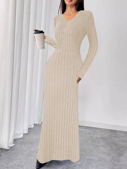 Sarah Express Women's Ribbed Knit V-Neck Maxi Dress - Button Front Long Dress Khaki