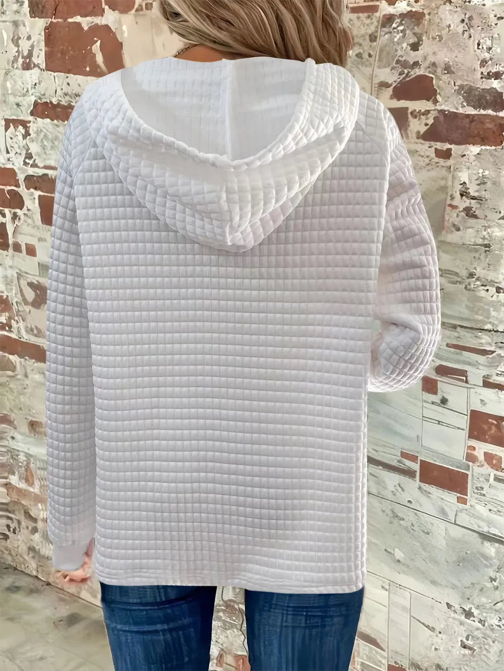 Sarah Express Women's Textured Button Detail Drawstring Long Sleeve Hoodie