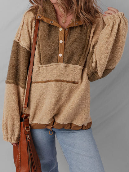 Sarah Express Women's Color Block Patchwork Half Button Sherpa Sweatshirt