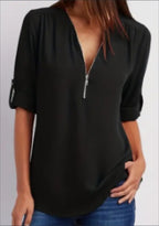 Sarah Express Ruched Half Zip V-Neck Blouse with Rollable Sleeves