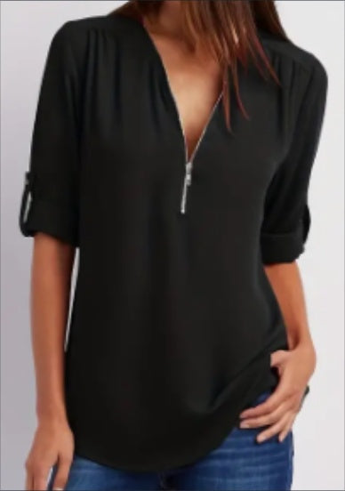 Sarah Express Ruched Half Zip V-Neck Blouse with Rollable Sleeves