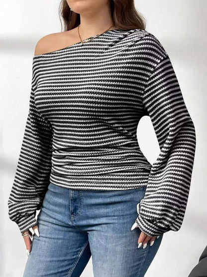 Sarah Express Women's Plus Size Striped One-Shoulder Long Sleeve T-Shirt Black