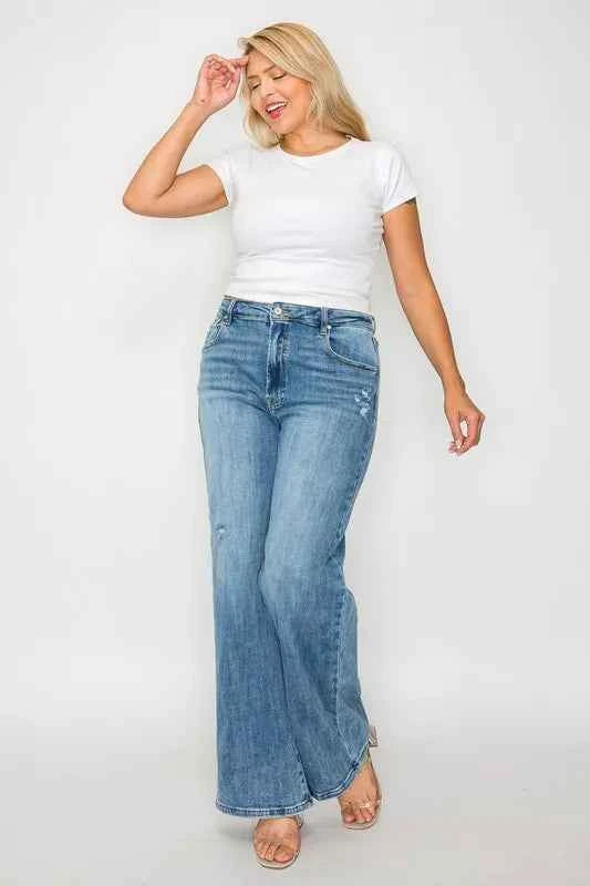 Sarah Express Women's High Rise Wide Leg Jeans with Pockets - Premium Stretch Denim