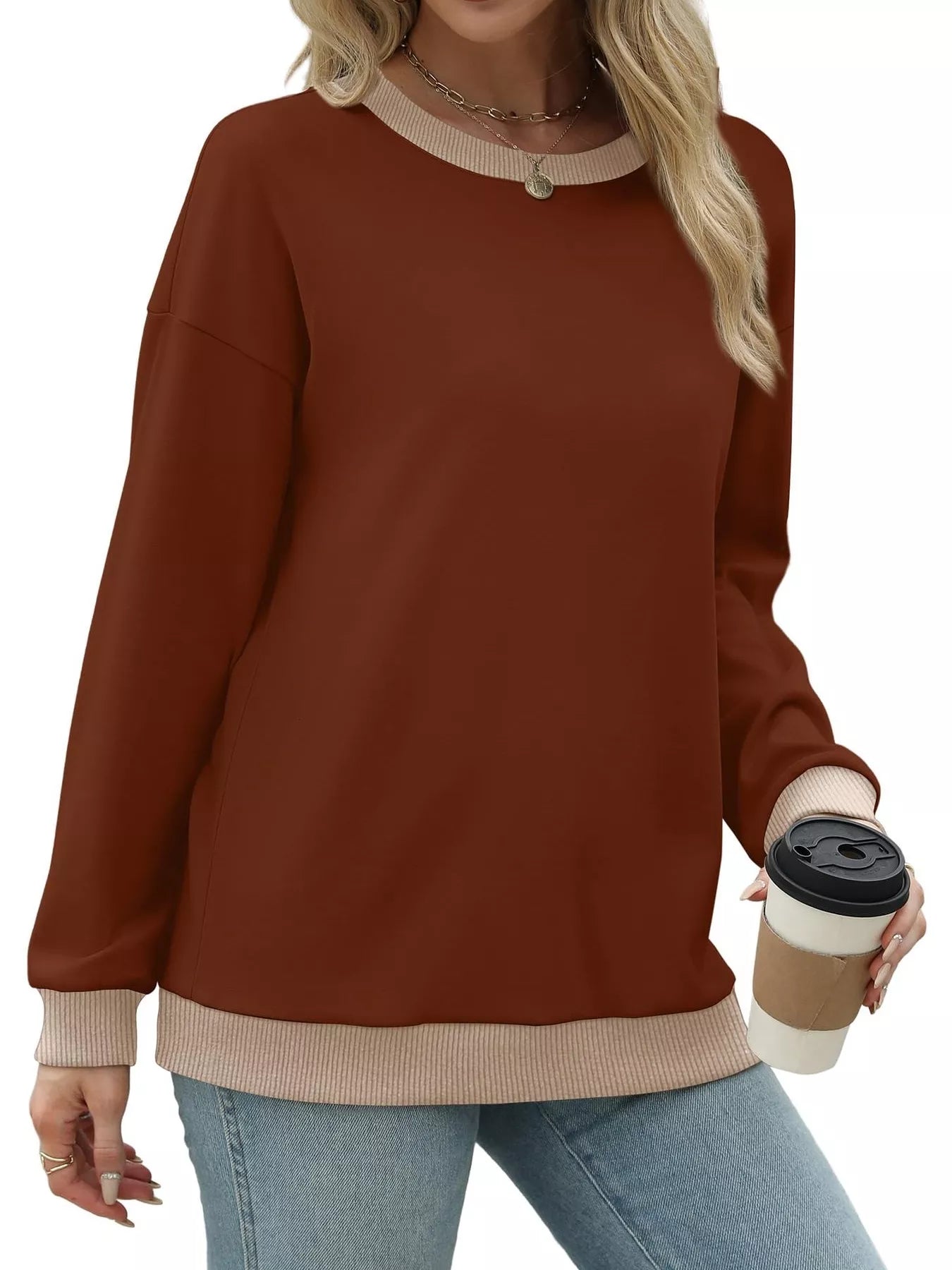 Sarah Express Women's Contrast Trim Crew Neck Casual Sweatshirt