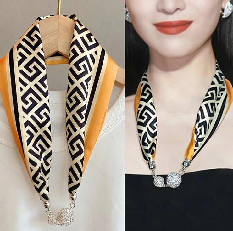 Sarah Express Magnetic Buckle Silk Scarf with Pearl Detail Women's Rectangular Necklace Scarf