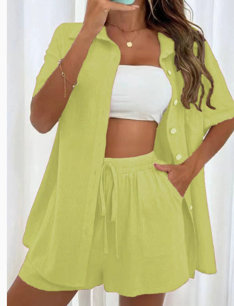 Sarah Express Women's Two-Piece Shirt & Shorts Set - Solid Color Cotton Coordinated Suit