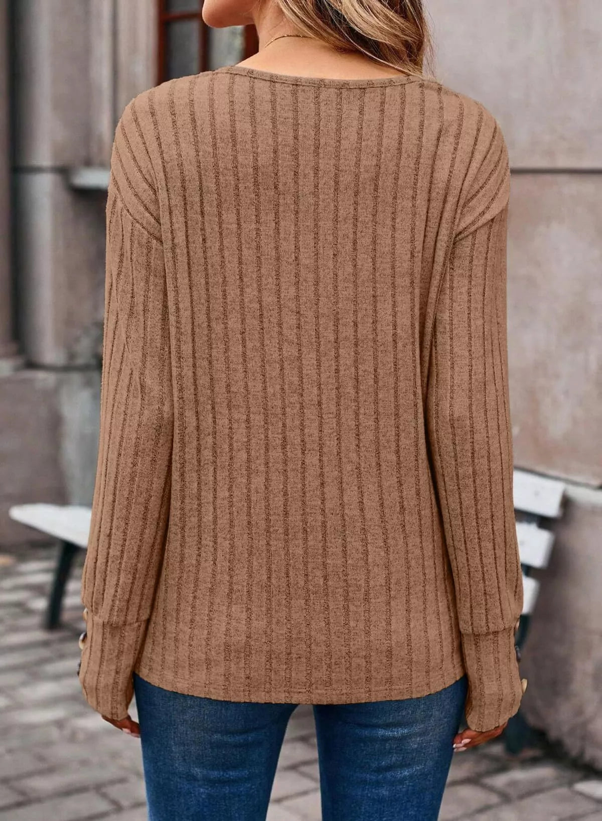 Sarah Express Women's Ribbed Knit V-Neck Top with Decorative Buttons