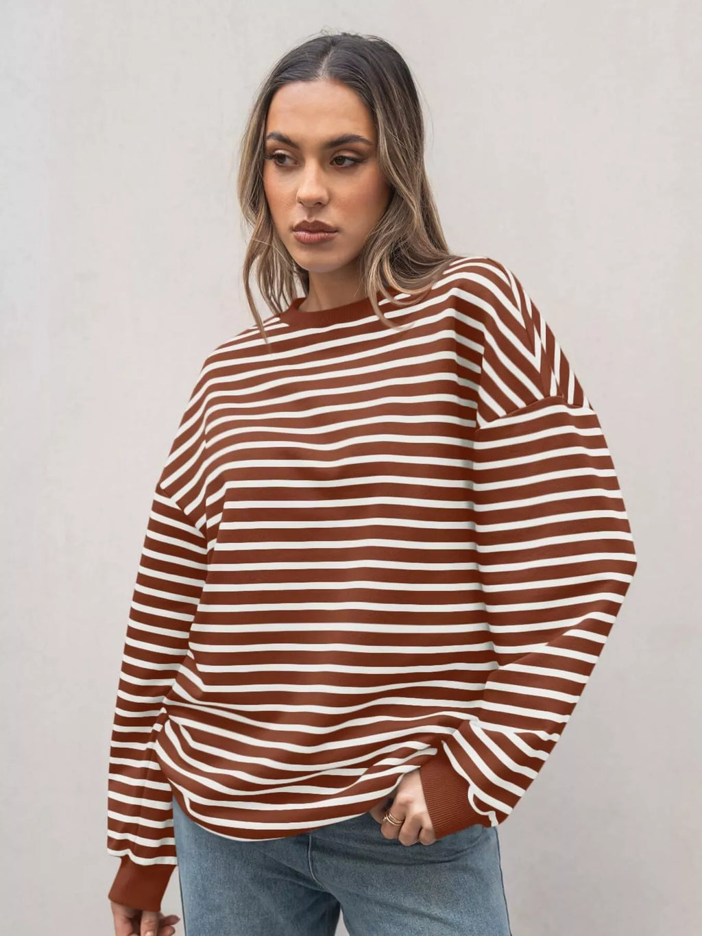 Sarah Express Women's Striped Round Neck Oversized Casual Sweatshirt
