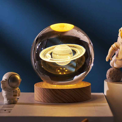 Sarah Express 3D Crystal Ball Night Light - Luminous Planetary Moon Galaxy Projection Lamp with Wooden Base Solid Wood Lamp Holder Saturn 6CM