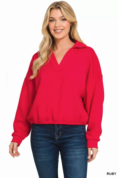 Sarah Express Women's French Terry Collared Exposed Seam Sweatshirt - Premium Comfort