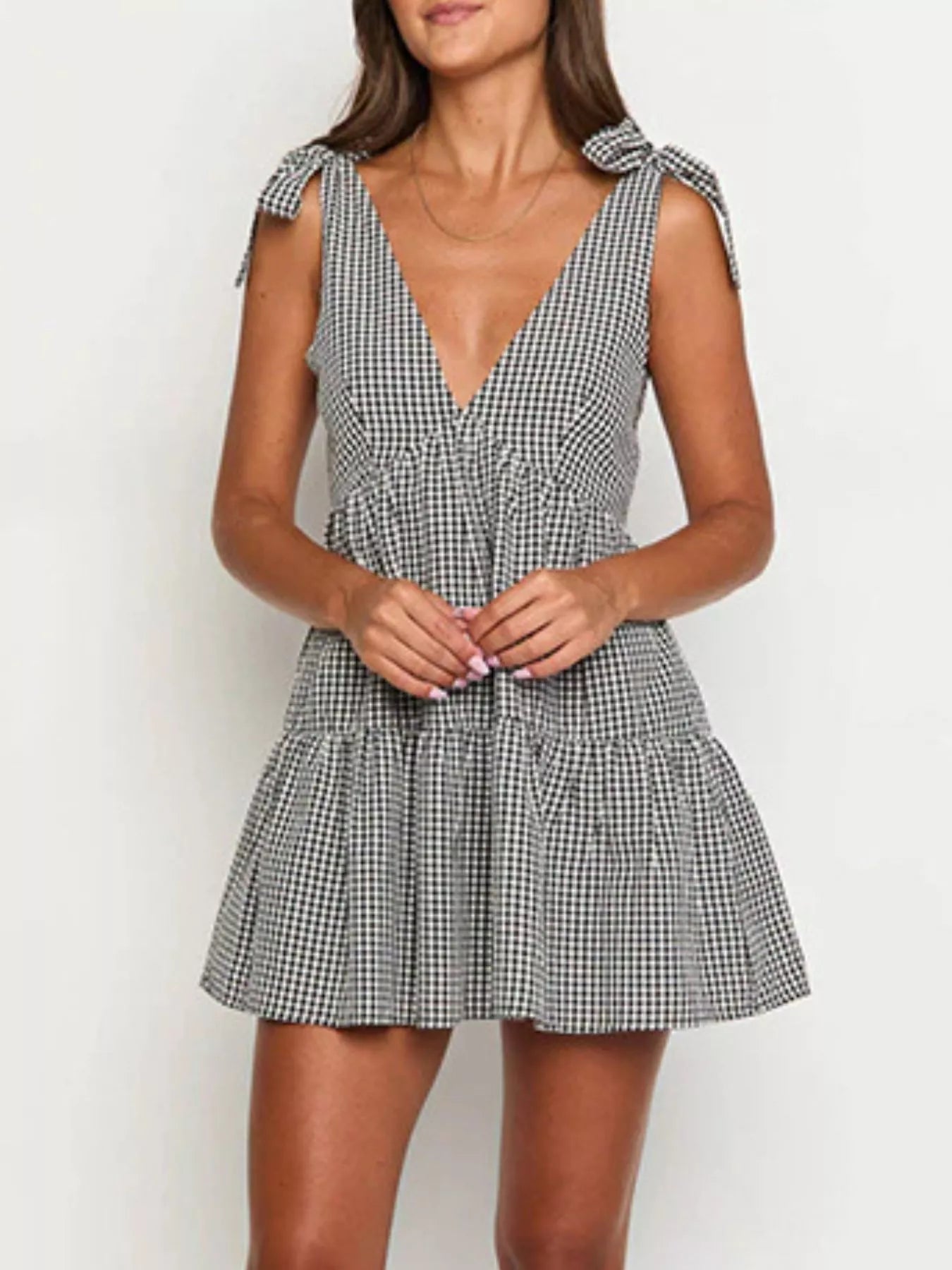 Sarah Express Women's Gingham Tie-Shoulder Mini Dress Black