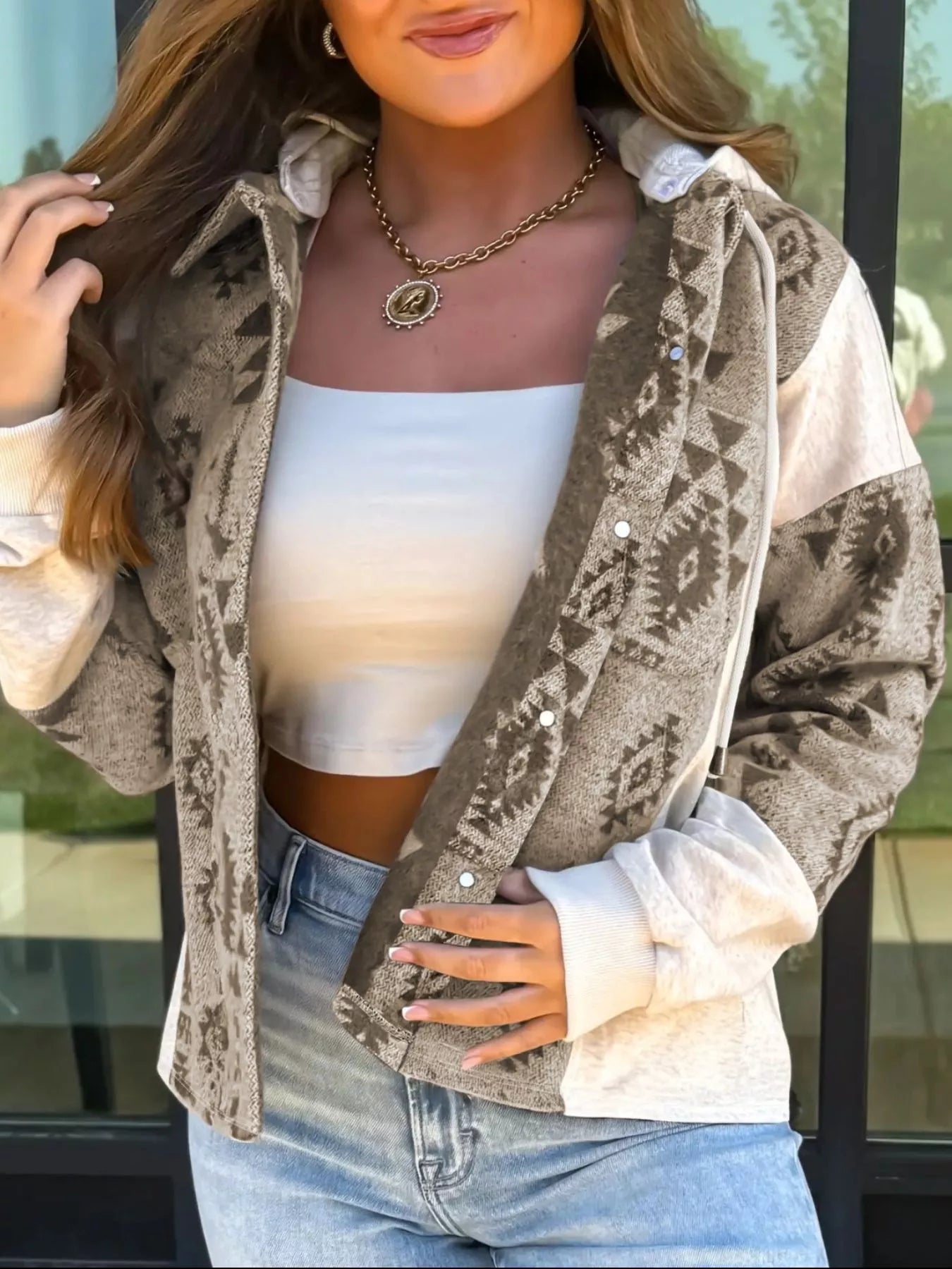 Sarah Express Women's Western Aztec Print Color Block Patchwork Drawstring Hooded Shacket Khaki