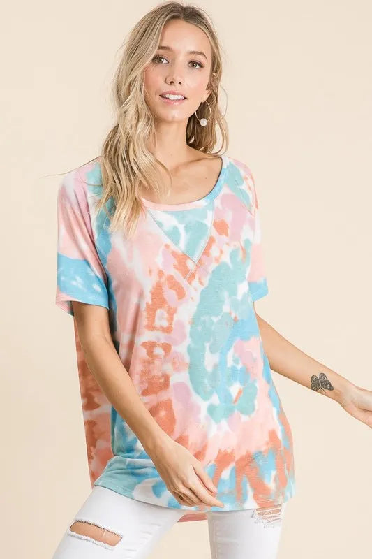 Sarah Express Women's Tie Dye Print Short Sleeve T-Shirt with Raglan Sleeves PINK MINT