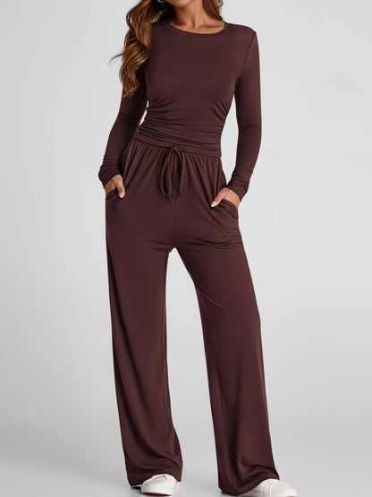 Sarah Express Women's Round Neck Long Sleeve Top and Pants Set