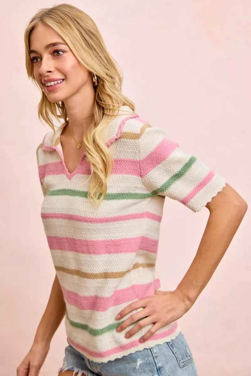 Sarah Express Women's Multi Color Striped Collared Knit Top - Ribbed Preppy Sweater