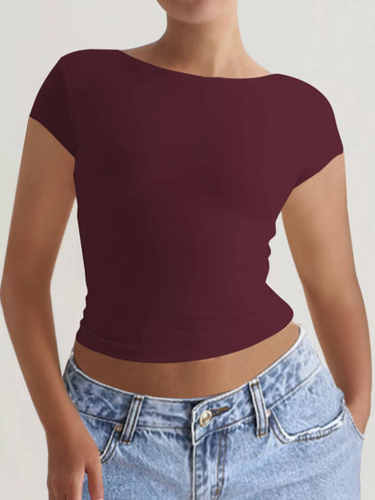 Sarah Express Women's Slim-Fit Backless T-Shirt Burgundy