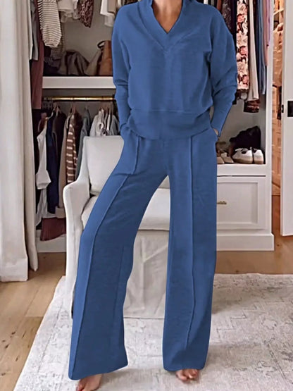 Sarah Express Women's Cozy V-Neck Top and Pants Lounge Set Blue