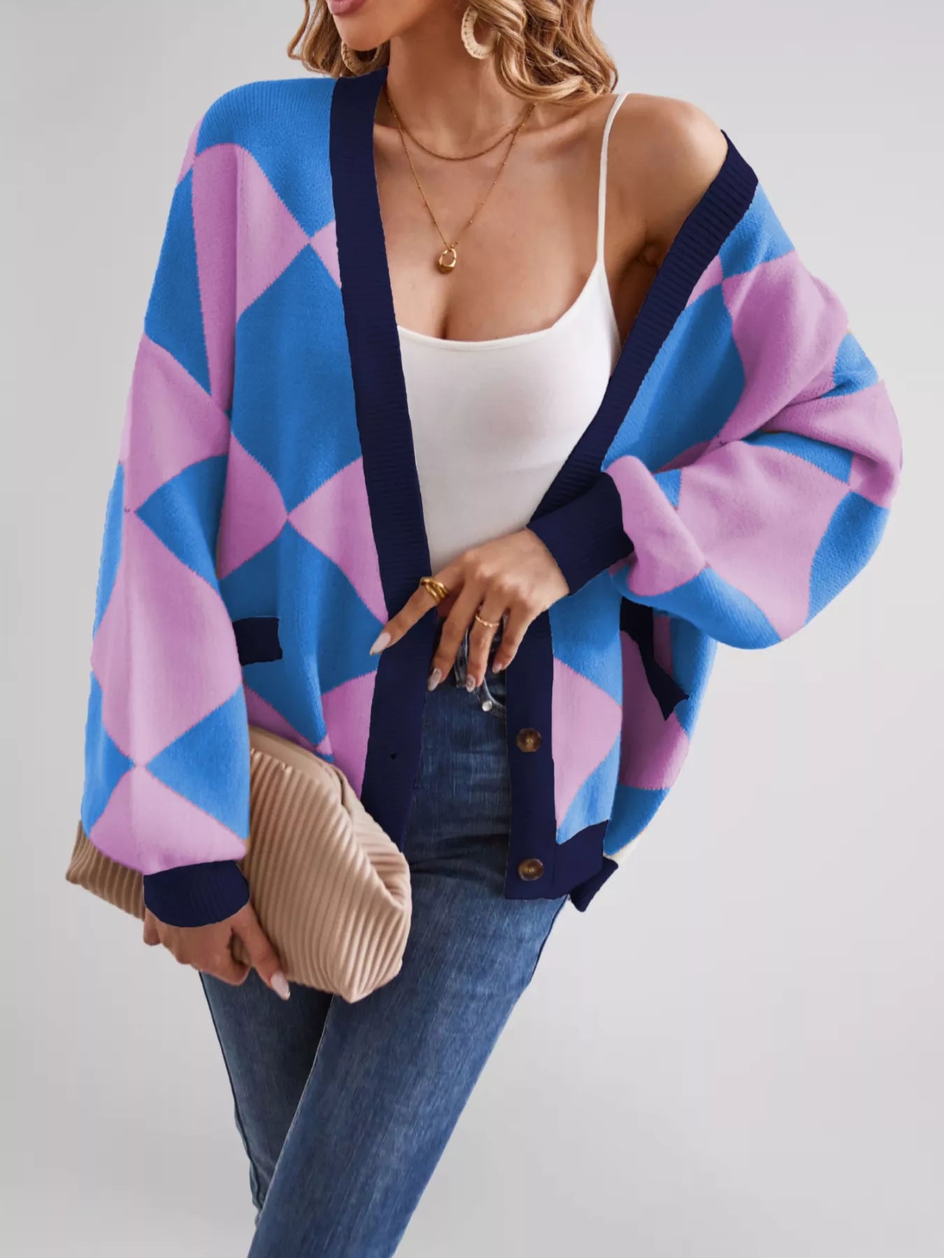 Sarah Express Women's Diamond Pattern Button-Up Knit Cardigan