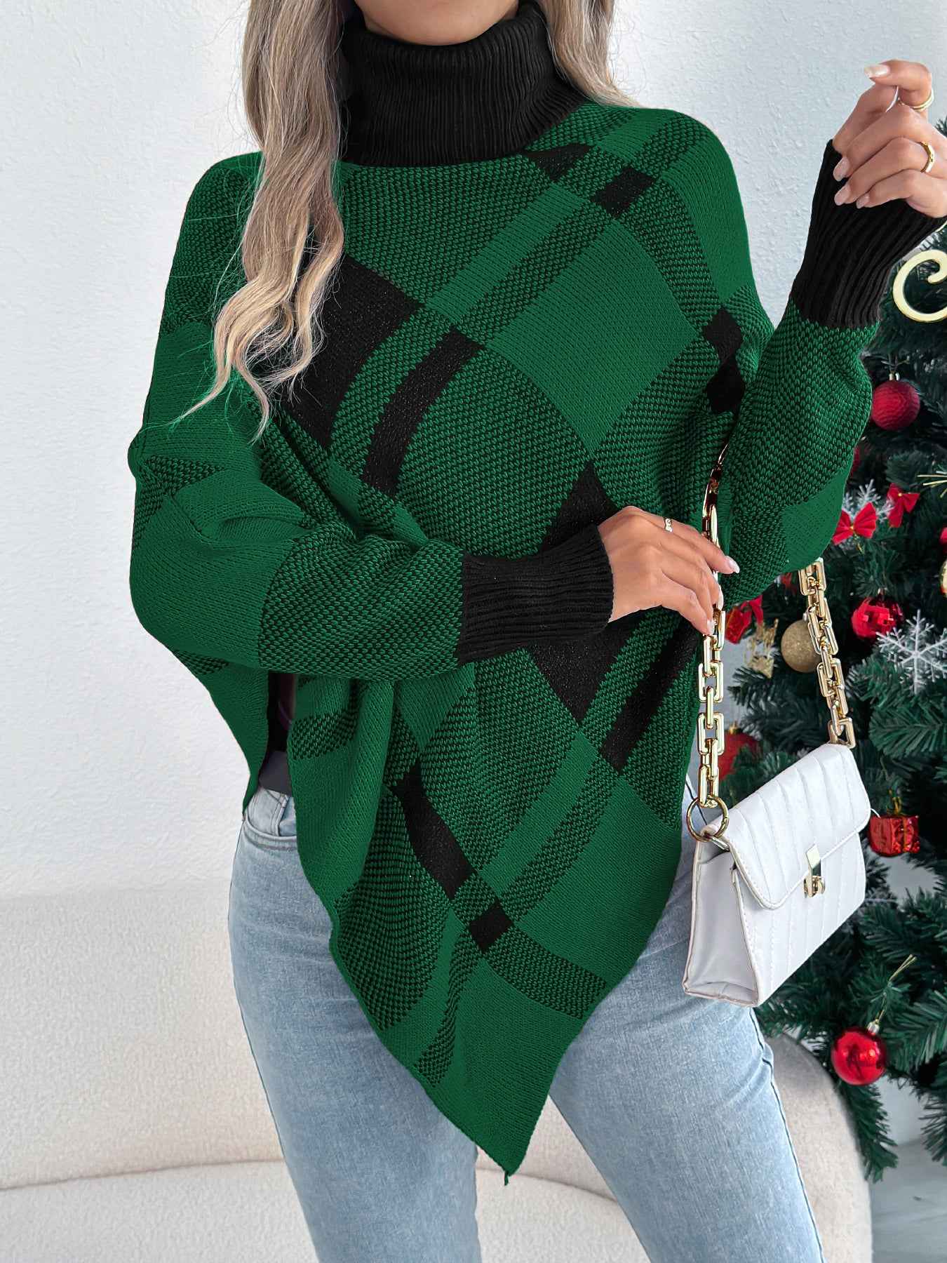 Sarah Express Women's Color Block Plaid Turtleneck Poncho Sweater - Oversized Knit Pullover