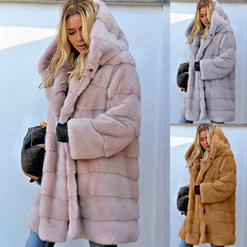 Sarah Express Plush Faux Fur Hooded Coat Loose Fit Medium Length