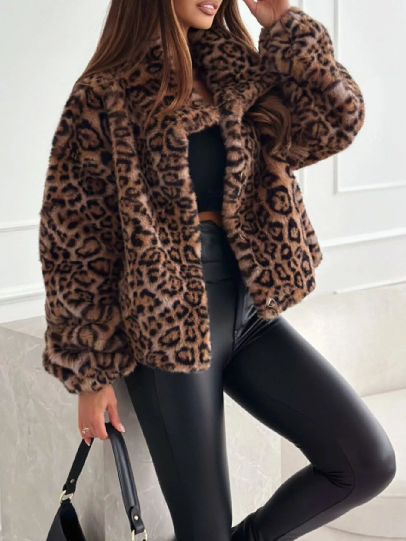 Sarah Express Women's Leopard Faux Fur Cropped Jacket