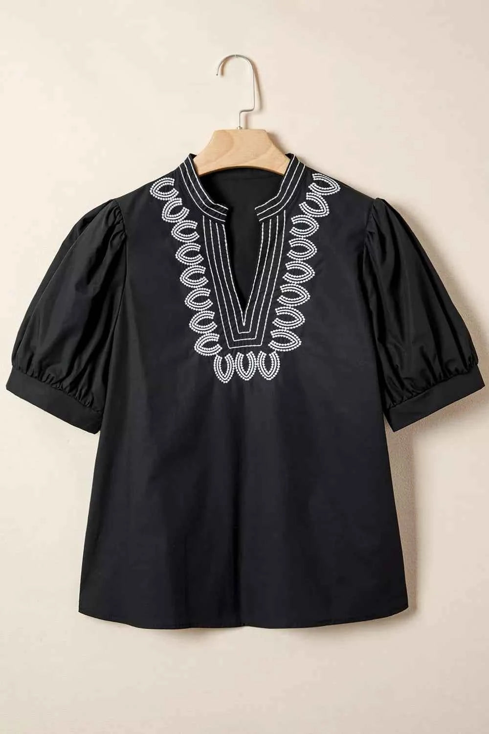 Sarah Express Women's Embroidered V-Neck Blouse - Short Puff Sleeve Cotton Lyocell Top