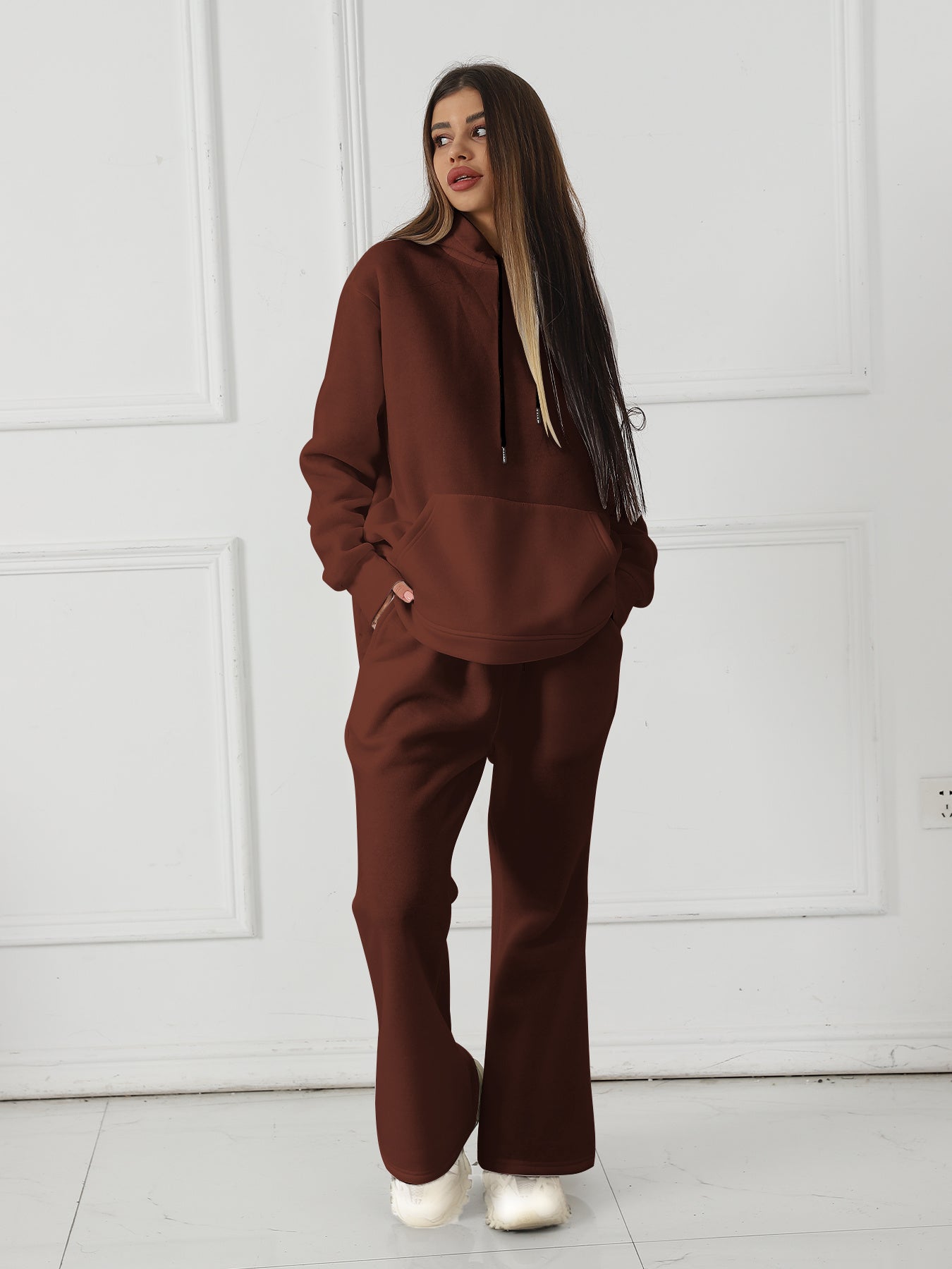 Sarah Express Women's Solid Color Sweatshirt Pants Set - Long Sleeve Casual Loungewear Two-Piece