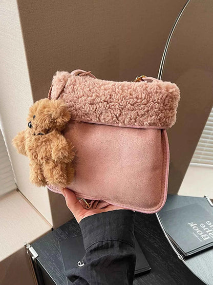 Sarah Express Women's Teddy Bear Charm Plush Crossbody Bag - Mini Suede Shoulder Bag Dusty Pink ONESIZE