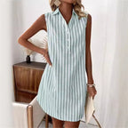 Sarah Express Women's Striped Sleeveless V-Neck Button Front Midi Shirt Dress
