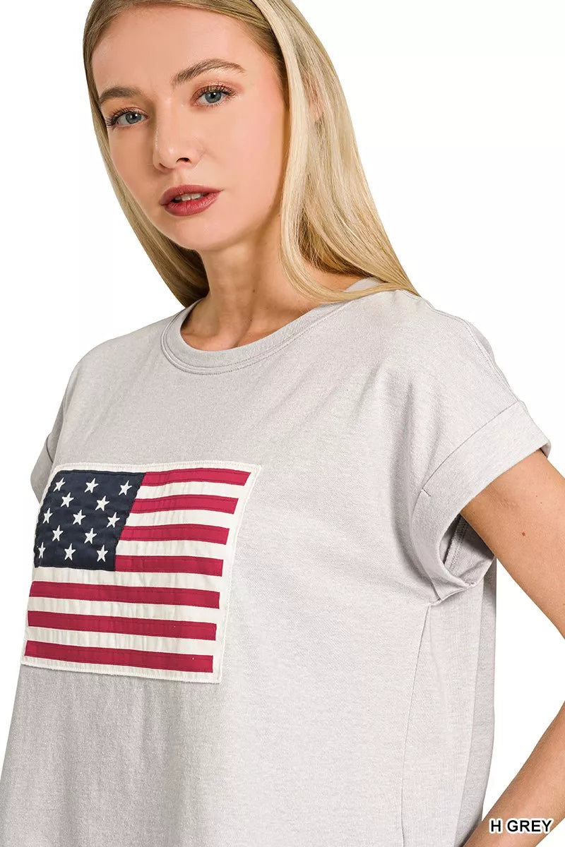 Sarah Express Women's American Flag T-Shirt - Patriotic Round Neck Short Sleeve Top
