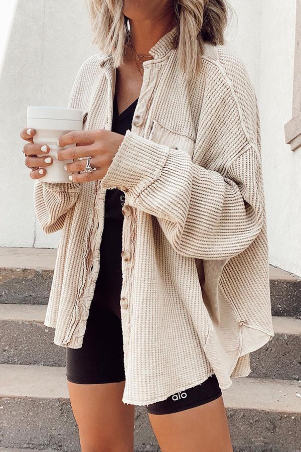 Sarah Express Patchwork Irregular Shirt Jacket Loose Fit Long Sleeve Acrylic Outerwear