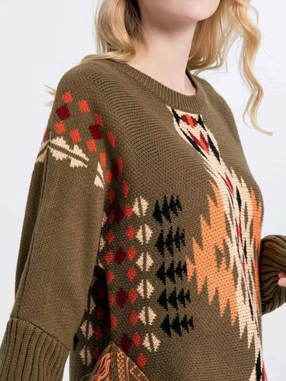 Sarah Express Women's Geometric Pattern Fringe Sweater - Boho Knit Pullover